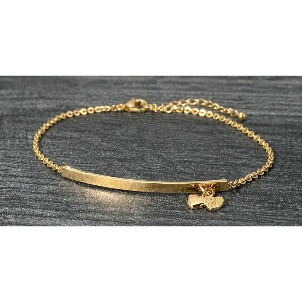 Vintage Gold Tone Heart Charm Bracelet Dainty Bar Chain 7.25